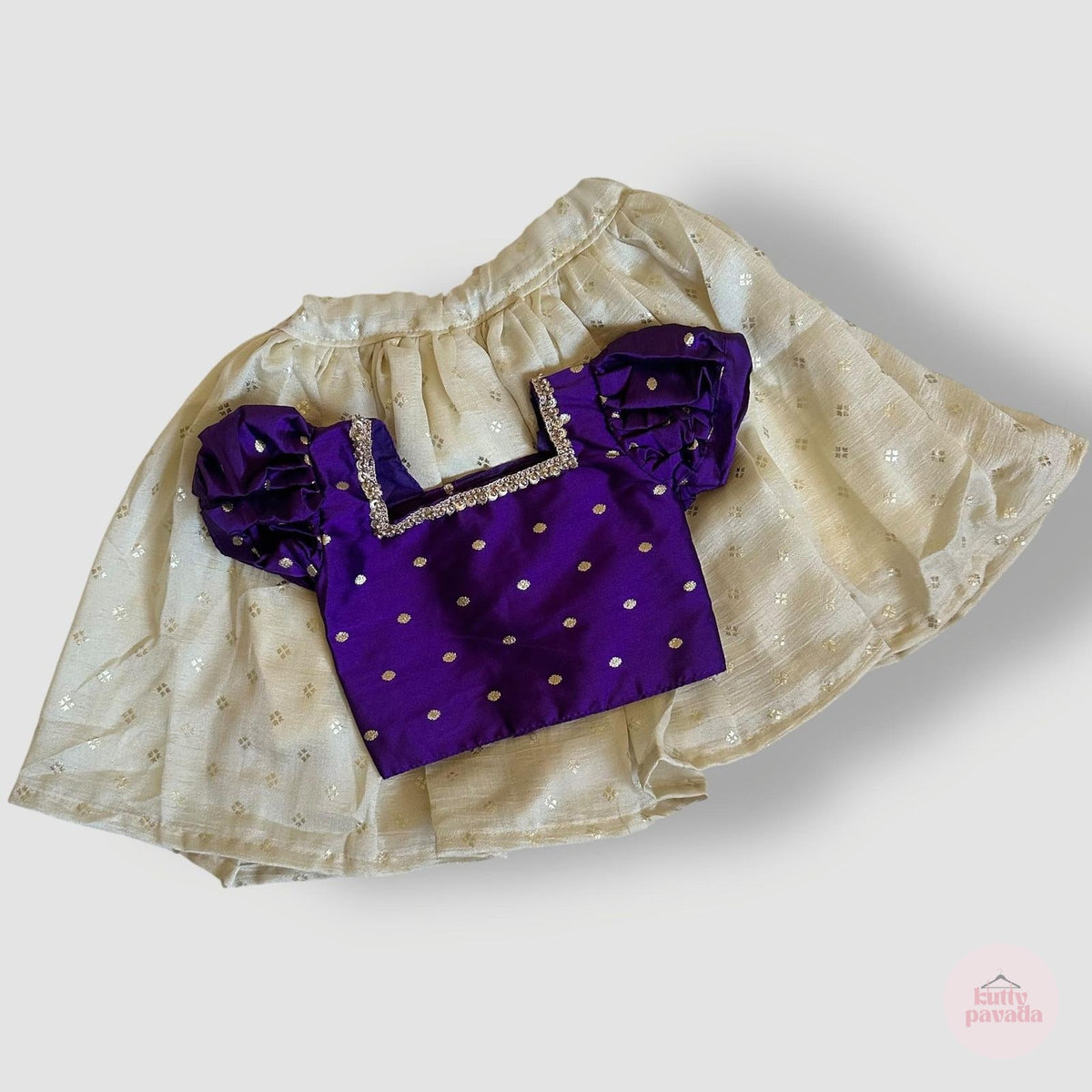 Violet Puff Sleeve Blouse & Vichitra Silk Skirt Set