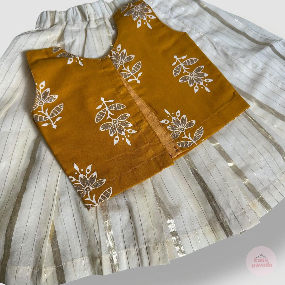 Mustard Ajrakh Top with Gold Lined Skirt