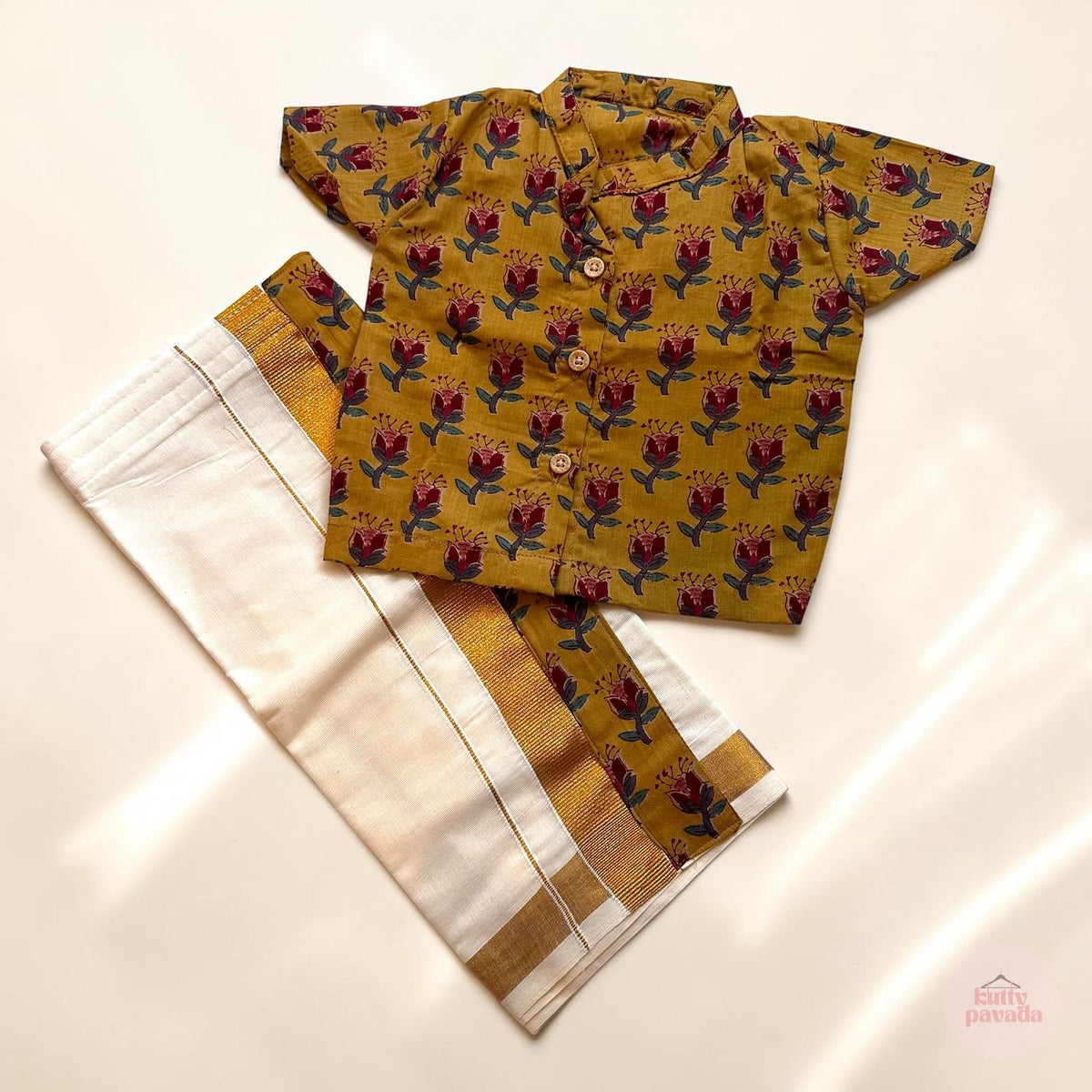 Yellow Ajrakh Print Baby Shirt and Mundu Set