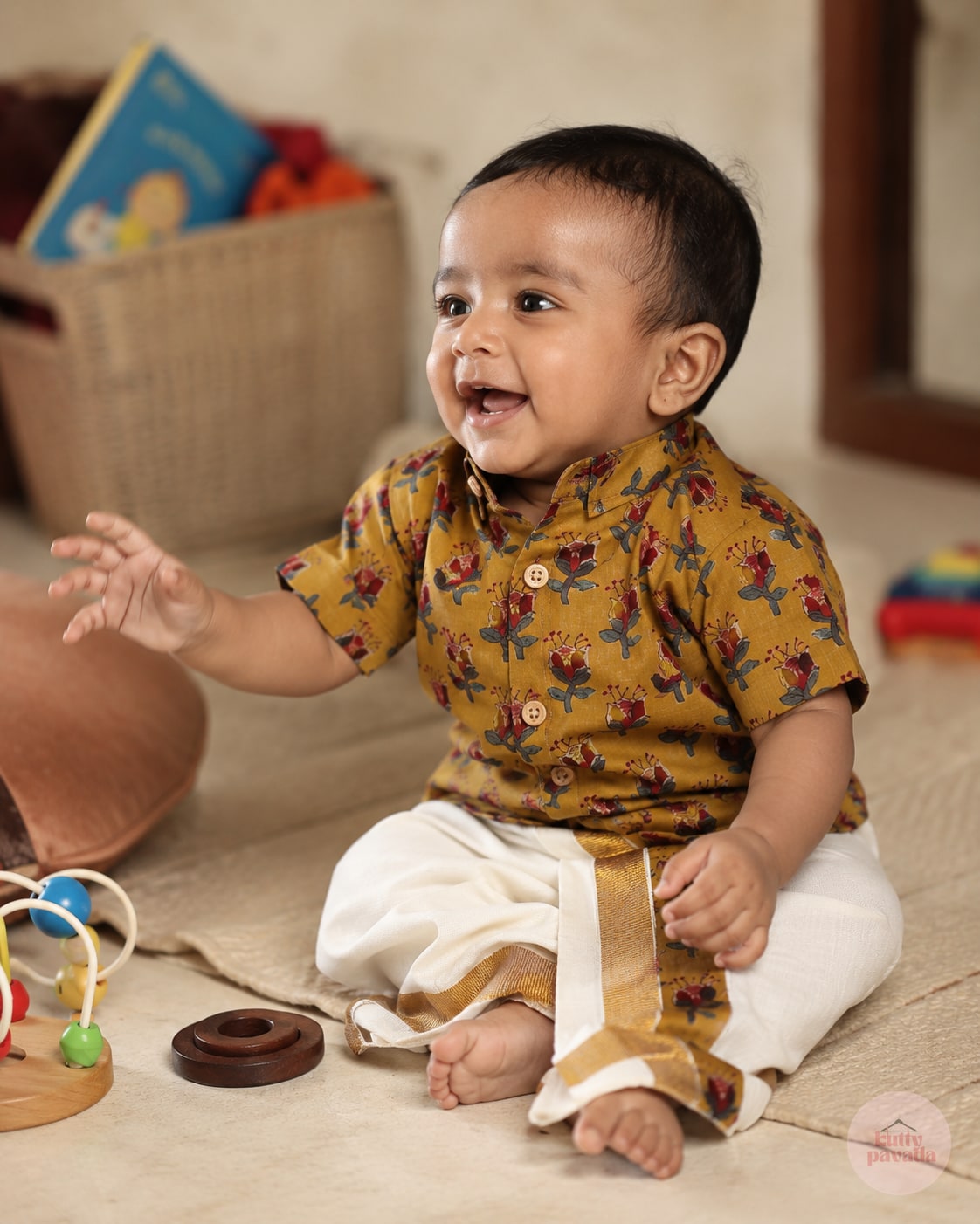 Yellow Ajrakh Print Baby Shirt and Mundu Set