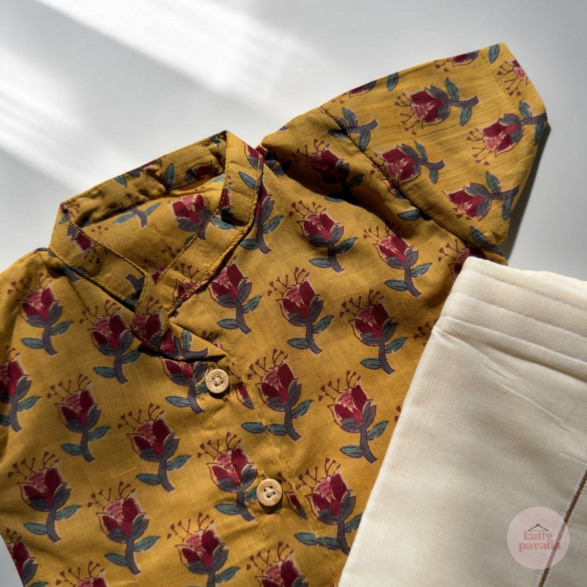 Yellow Ajrakh Print Baby Shirt and Mundu Set