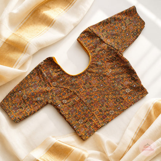 Mustard Mosaic Stretchable Cotton Blouse | Ready-to-Wear Saree Blouse
